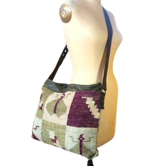 Kilim carpet or tapestry leather bag handbag purse - Picture 14 of 16